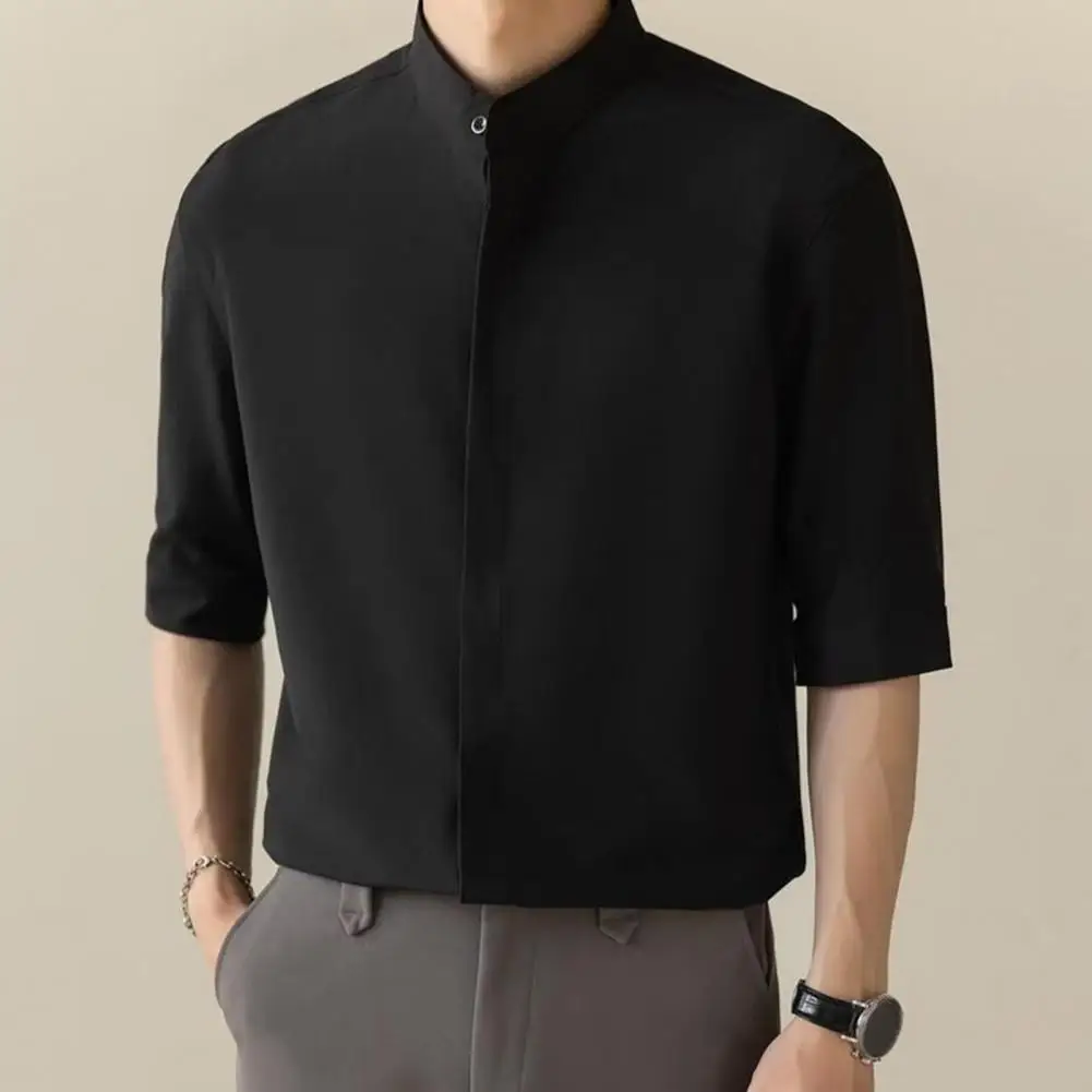 

Men Slim Fit Shirt Stylish Stand Collar Men's Shirt for Business Commute Office Slim Fit Half Sleeves Solid Color Soft