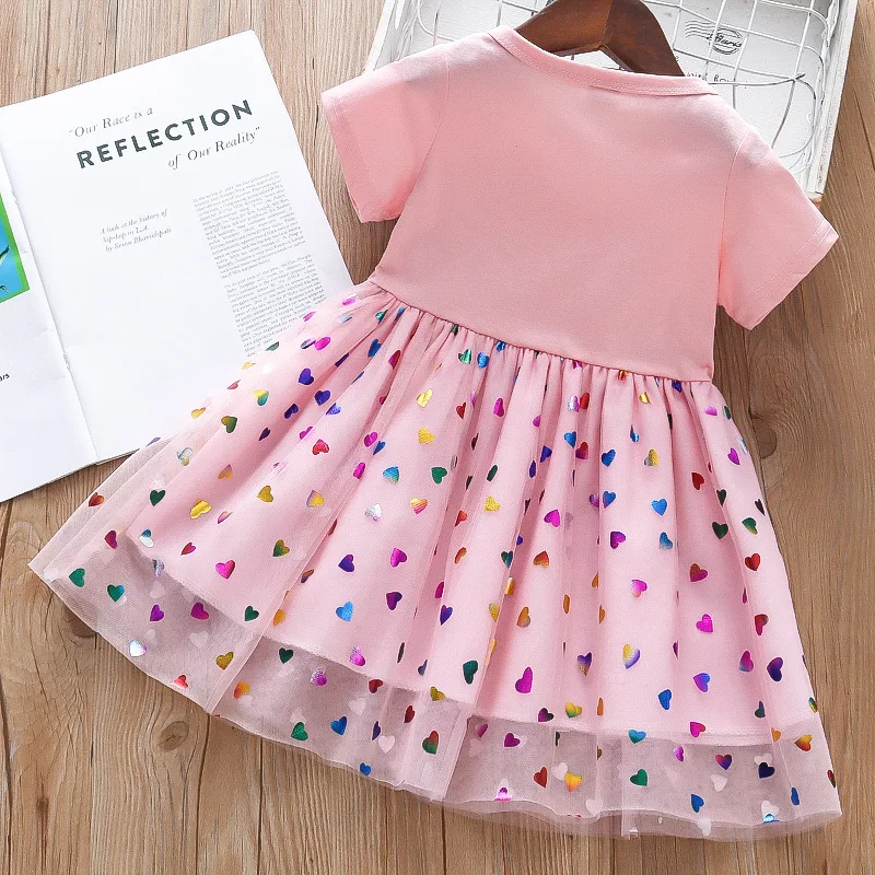 Summer Girls Dress Cotton Cartoon Unicorn Splicing Mesh Party Princess Dresses 2-6 Years Birthday Clothes