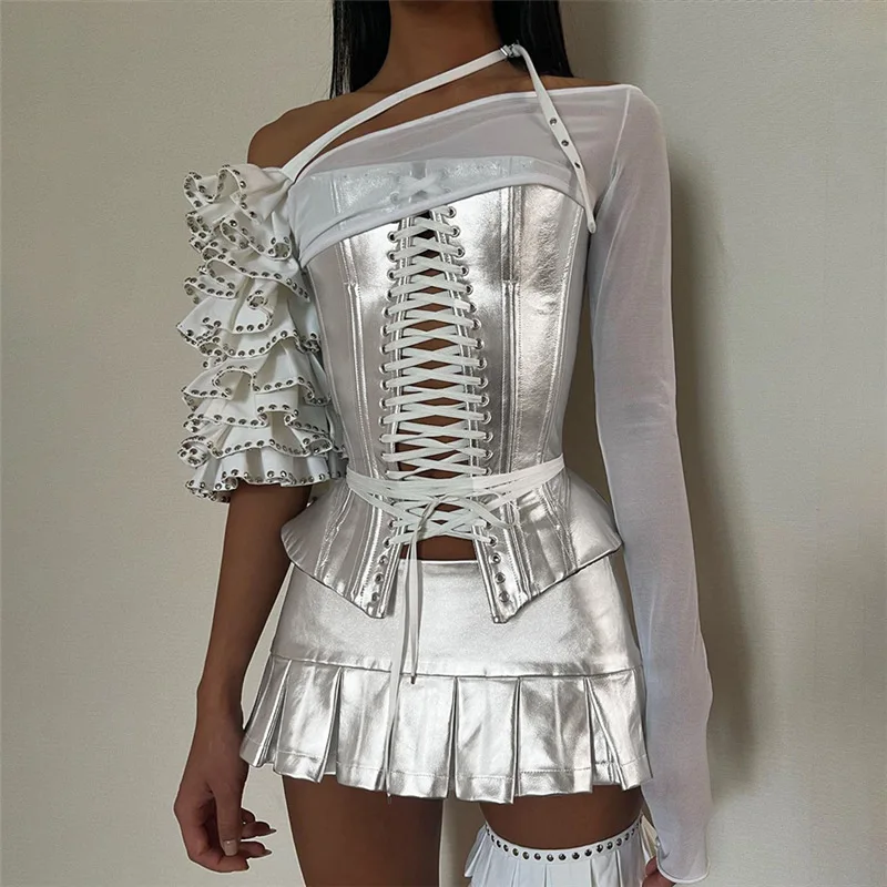 Shiny Gold Silver PU Leather Corsets Bustiers Sexy Women Lace-up