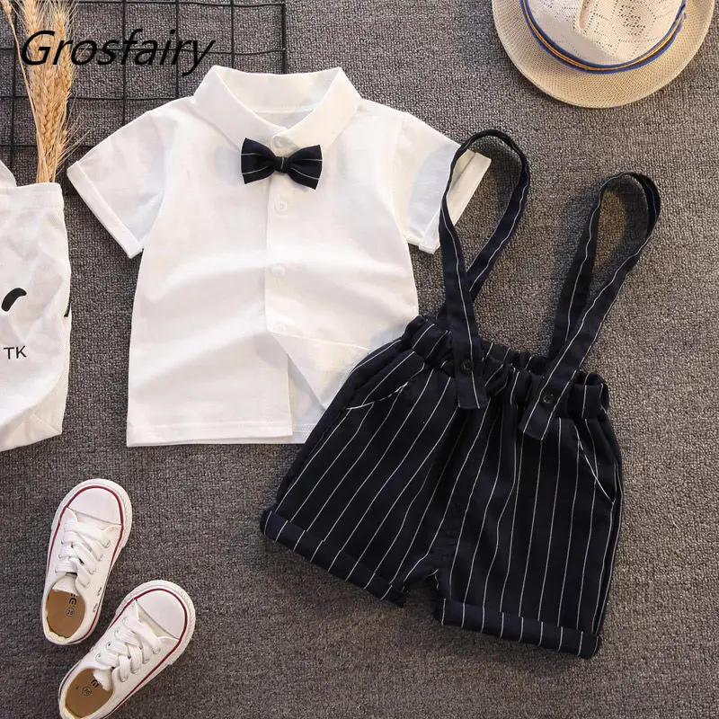 

Grosfairy Newborn Boy Suit Summer Baby 1 Year Outfits Infant Children Birthday Clothers Tie Bow Shirt+Striped Overalls Gentleman