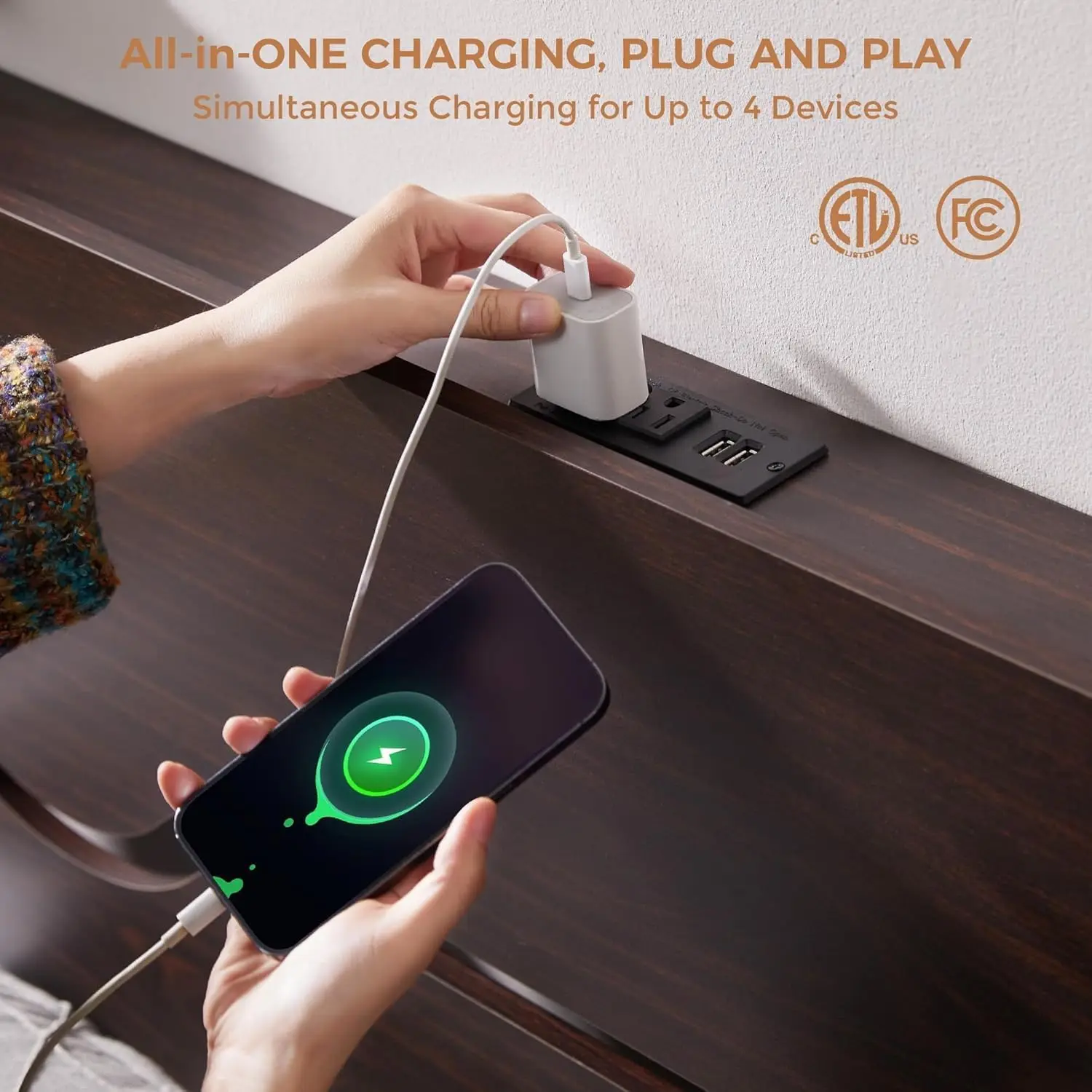 Queen Bed Frame with Headboard and Charging Station, Industrial Platform Bed with 12.4" Underbed Space, Metal Slats Support