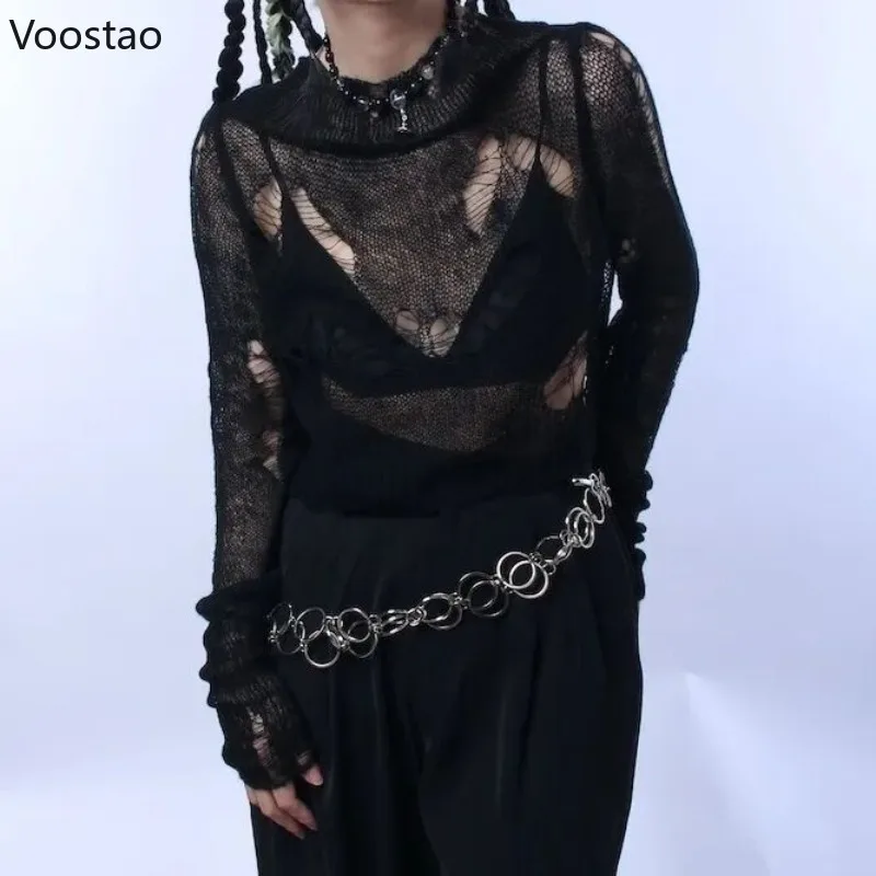 

Y2k Aesthetic Knitted Pullover Tops Women Fashion Hole Broken Hollow Out Thin Sweater Lady Gothic Casual Punk Knitwear Jumper