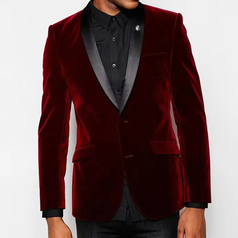 (Only Coat)Burgundy Velvet Men's Suit Blazer Prom Tuxedos Shawl Lapel Single Breasted One Button Jacket for Bussiness/Wedding