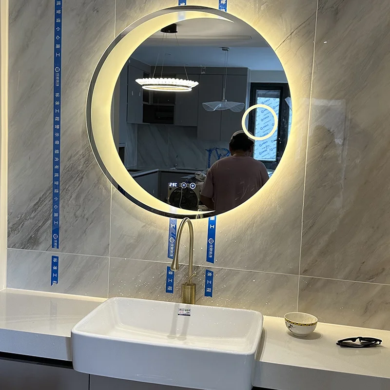 Description Picture 2 of itemModern Intelligent Bath Mirrors Home Touch Screen Bathroom Mirrors Wall Hanging Moon Shaped Round Makeup Mirror with Led Light