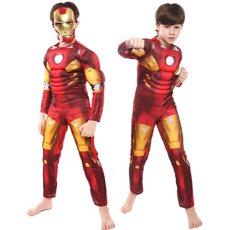 Bambini Iron Man Muscle Costume Superhero Iron Man Costume Cosplay Tuta Maschera Guanti Halloween Compleanno Body Per Regali Ragazzo