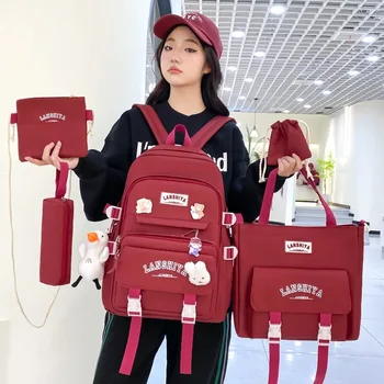 Set da 5 pezzi di ciondoli gratuiti stile foresta versione coreana zaino casual per studenti Harajuku per ragazze delle scuole superiori di grande capacità 1