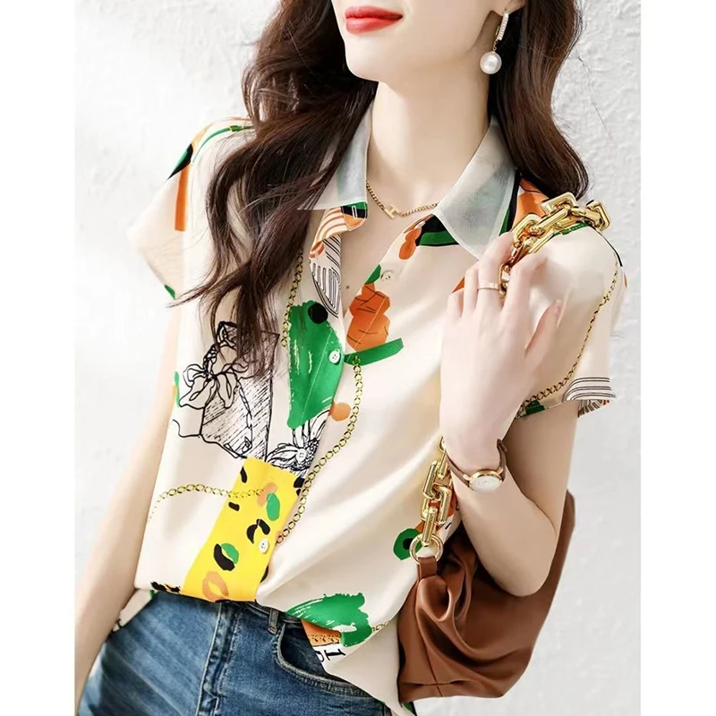 Fashion Lapel Button Casual Printed Short Sleeve Shirts Women's Clothing 2024 Summer New Loose Korean Tops Short Sleeve Blouses
