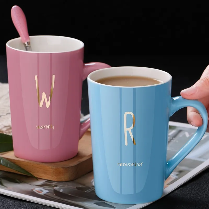 

Postal Office Hot Selling Letters Solid Color Round Ceramic Mug Set With Cover Spoon Stanley Drink Couples Home Cup 301-400ml