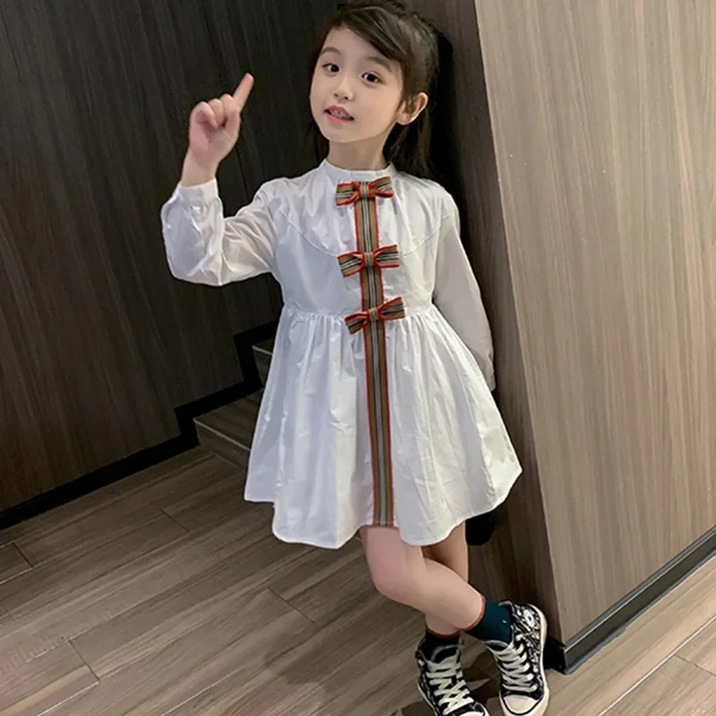 

Girls Elegant Bow Dress Spring Autumn Kids Cute White Princess Shirt Dresses 3 4 5 6 7 Years Children Casual Clothes Vestidos