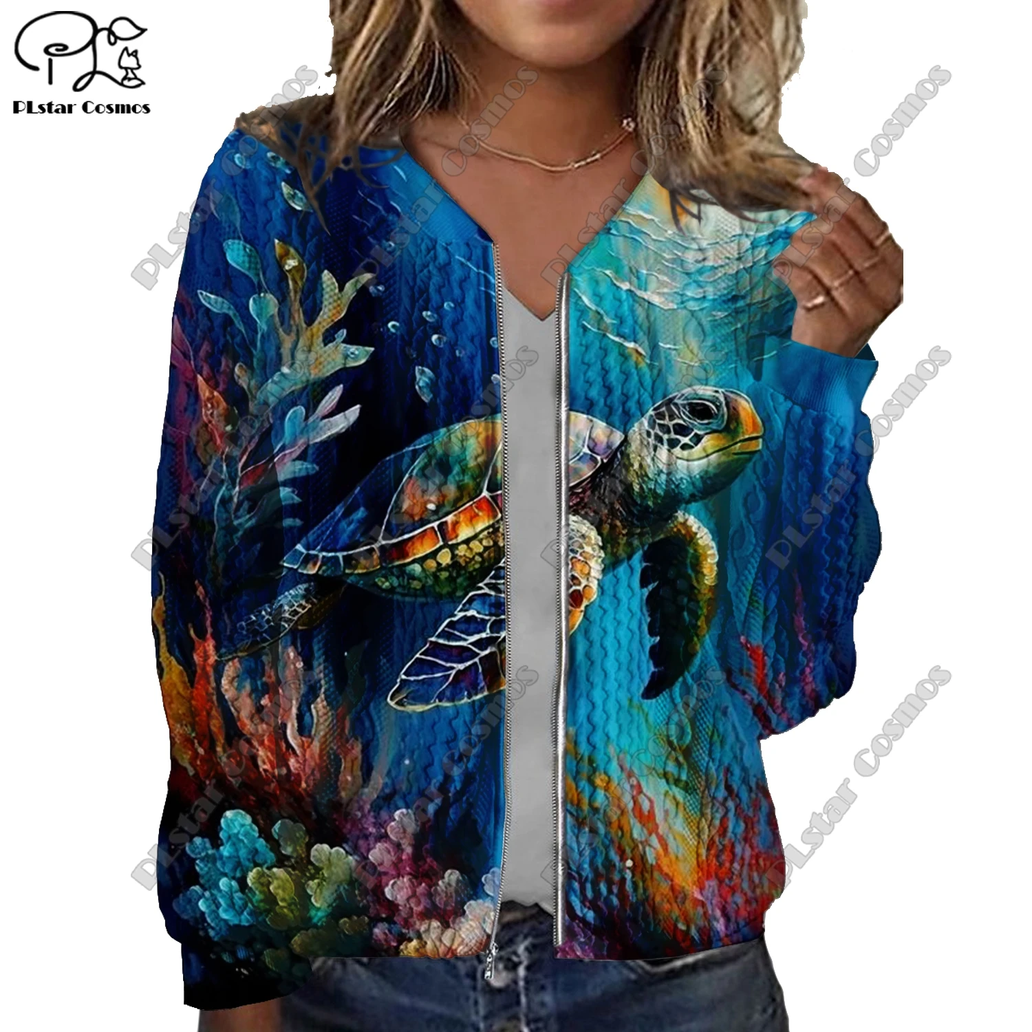 New 3D printing animal series koi and marine life pattern printed women's jacket threaded texture casual authentic short jacket