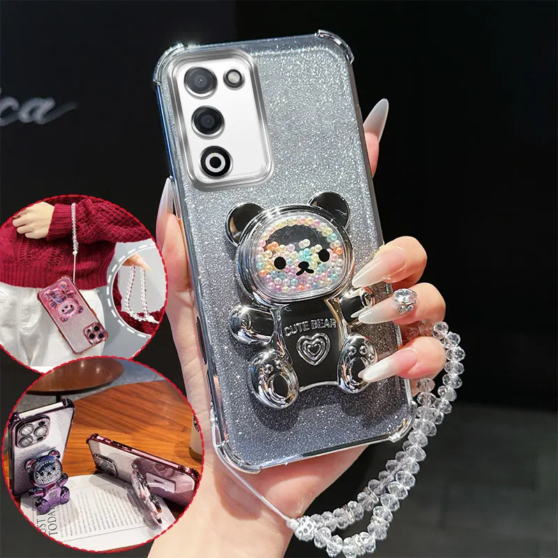 Shockproof Phone Case with 3D Bear Stand & Glitter Chain Lanyard