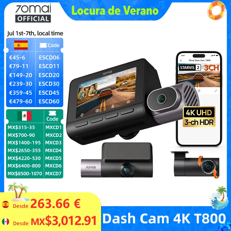 70mai Dash Cam 4K T800 3-Channel HDR Supercapacitor Front Rear Cabin Record GPS Car DVR 70mai T800 24H Parking Guard Support 4G