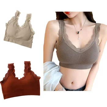 여성 심리스 스포츠 브라 조끼 스타일 레이스 탑 솔리드 컬러 무선 크롭 탑