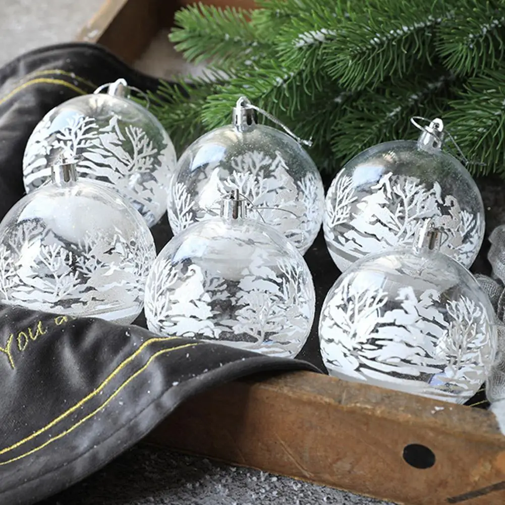 

6pcs Transparent White Snow Ball Pine House Elk Snowflake PVC Painted Balls Xmas Tree Hanging Ornament New Year Party Supplies