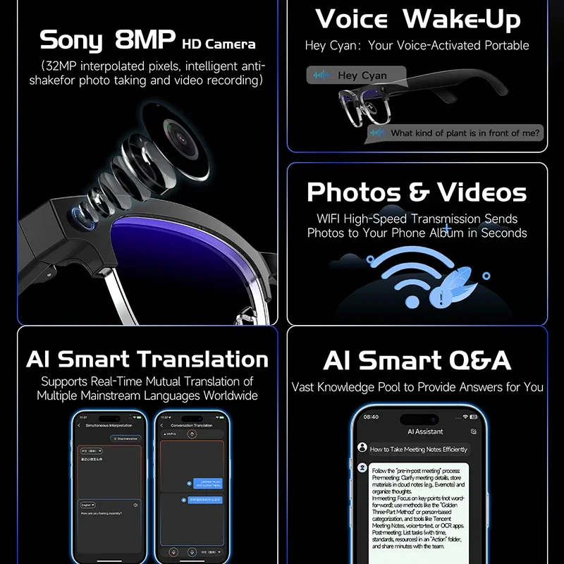 New 4K Glasses AI Smart Glasses with 8MP Camera Video Recording Translation Smart Sunglasses Bluetooth Call Music Play Men Women