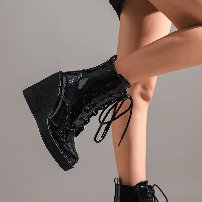 REAVE CAT Gothic Women Ankle Boots Round Toe Wedges High Heel 12cm Platform 2.5cm Lace Up Casual Short Bota Plus Size 42 43 44