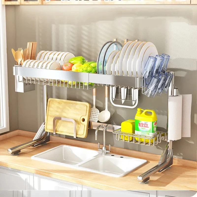 Scolapiatti Sopra Lavello Regolabile 60-99,8 Cm, 2 Livelli Con Portaposate E Tagliere, Organizzatore Da Cucina In Metallo Con Ventose, Doppio Strato - 2