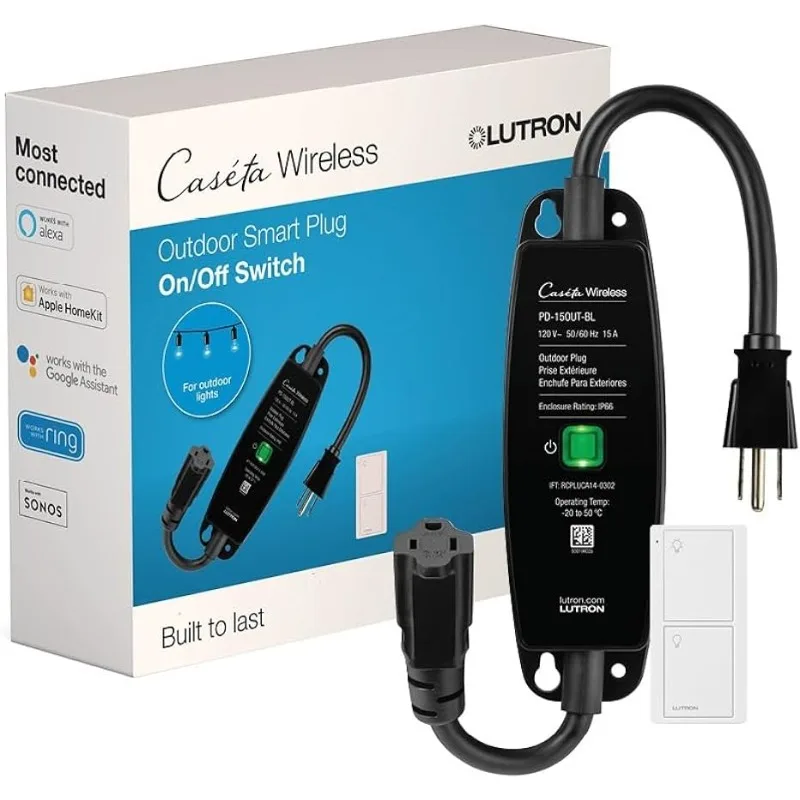 

Lutron Caseta Weatherproof Outdoor Smart Plug and Pico Smart Remote | for String Lighting | P-PKG1OUT-BL | Black (3-Pack)
