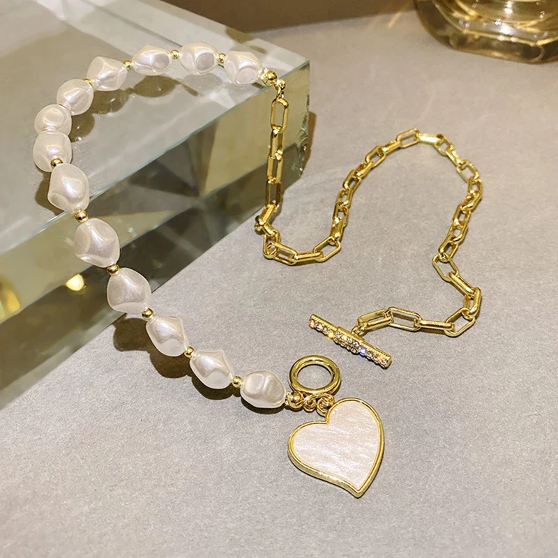 Korean Irregular Baroque Imitation Pearl Necklace for Women Geometric Metal Beads OT Buckle Clavicle Chain Jewelry Party Gifts