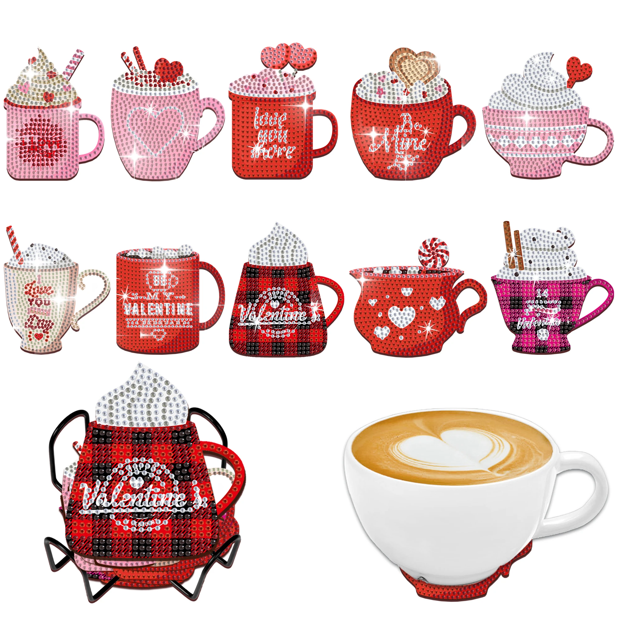 

10pcs/Set DIY Valentine Diamond Painting Coasters Ice Cream Wood Tablemat Crystal Rhinestones Diamond Art Coasters with Holder