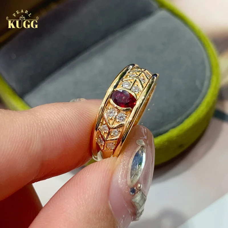 KUGG 18K Yellow Gold Rings Vintage Palace Style Real Natural Rubys 0.28carat Fashion Gemstone Fine Wedding Band for Women