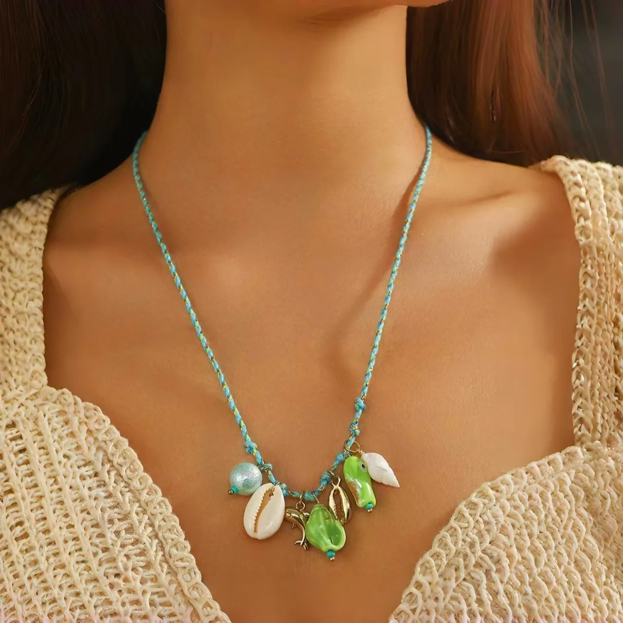 Handmade Rope Ceramic Fish Conch Pendant Necklace for Women Starfish Lava Textured Shell Choker Bohemia Beach Fashion Jewelry