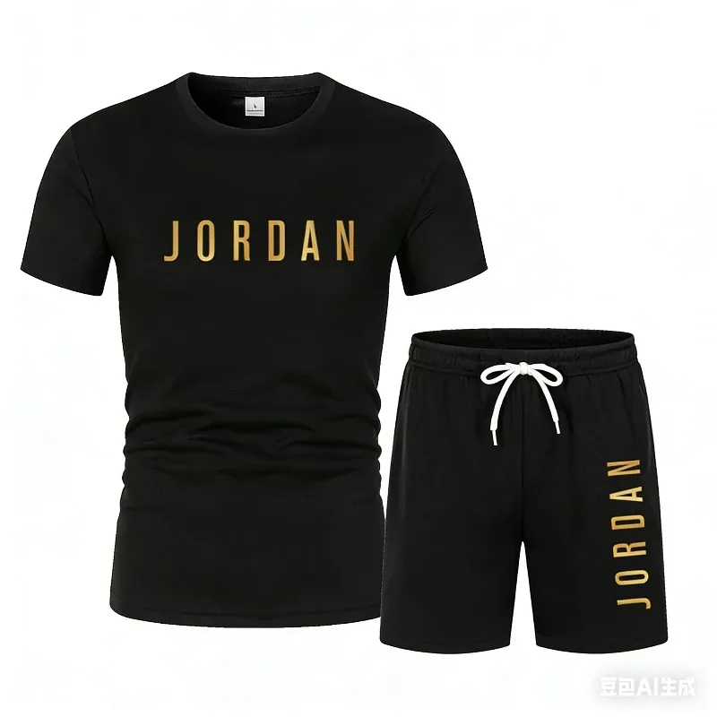 Loose Men's Summer Sporty Short Sleeve T-Shirt Shorts Set Casual Versatile Polyester Fabric Two-Piece Suit for Youth