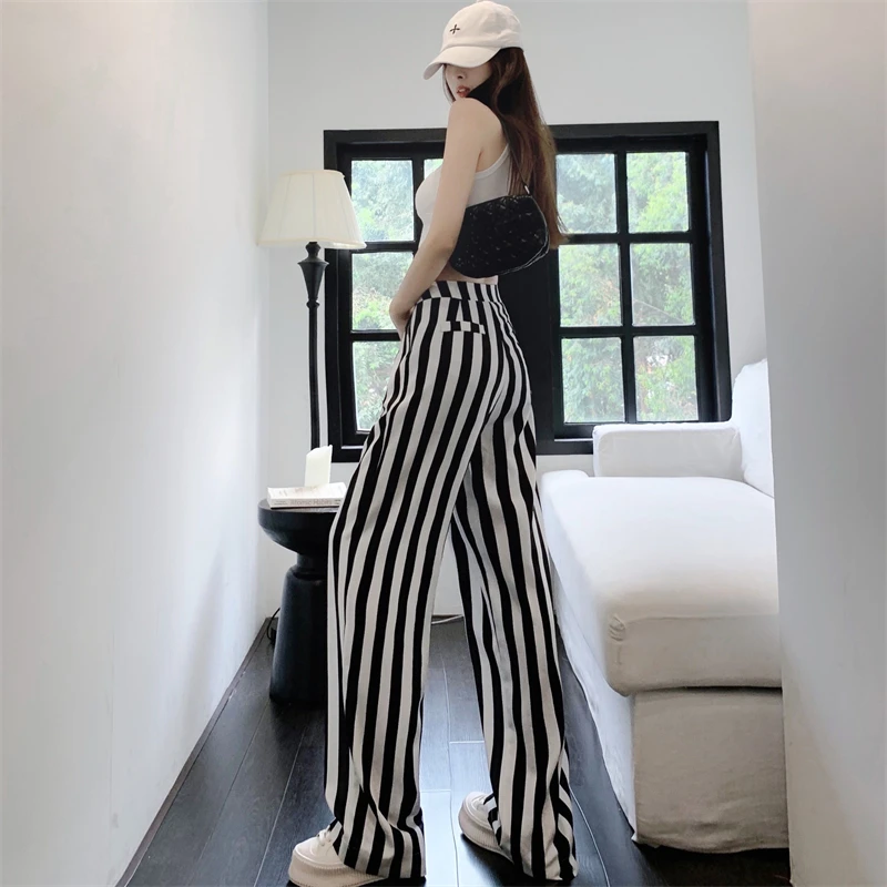Women's High Waisted Black and White Striped Wide Leg Pants Summer High Street Versatile Casual Wide Leg Mop Trousers Female