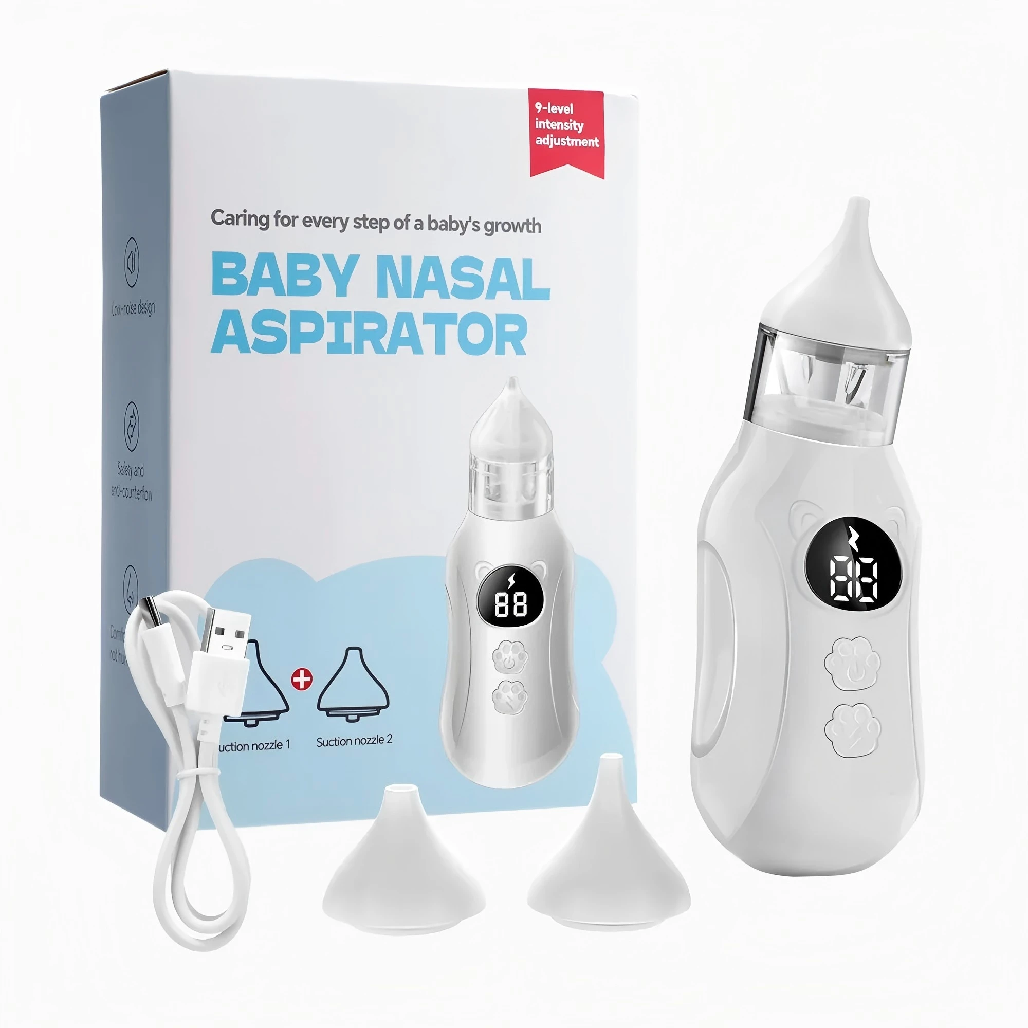 Electric Baby Nasal Aspirator Nose Sucker for Toddler Low Noise 9 Suction Level Rechargeable Newborn Nose Cleaner 2 Silicone Tip