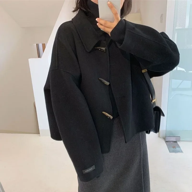 HOUZHOU Vintage Black Tweed Jacket Women Korean Fashion Streetwear Wool Blends Coat Chic and Elegant Winter Old Money Style