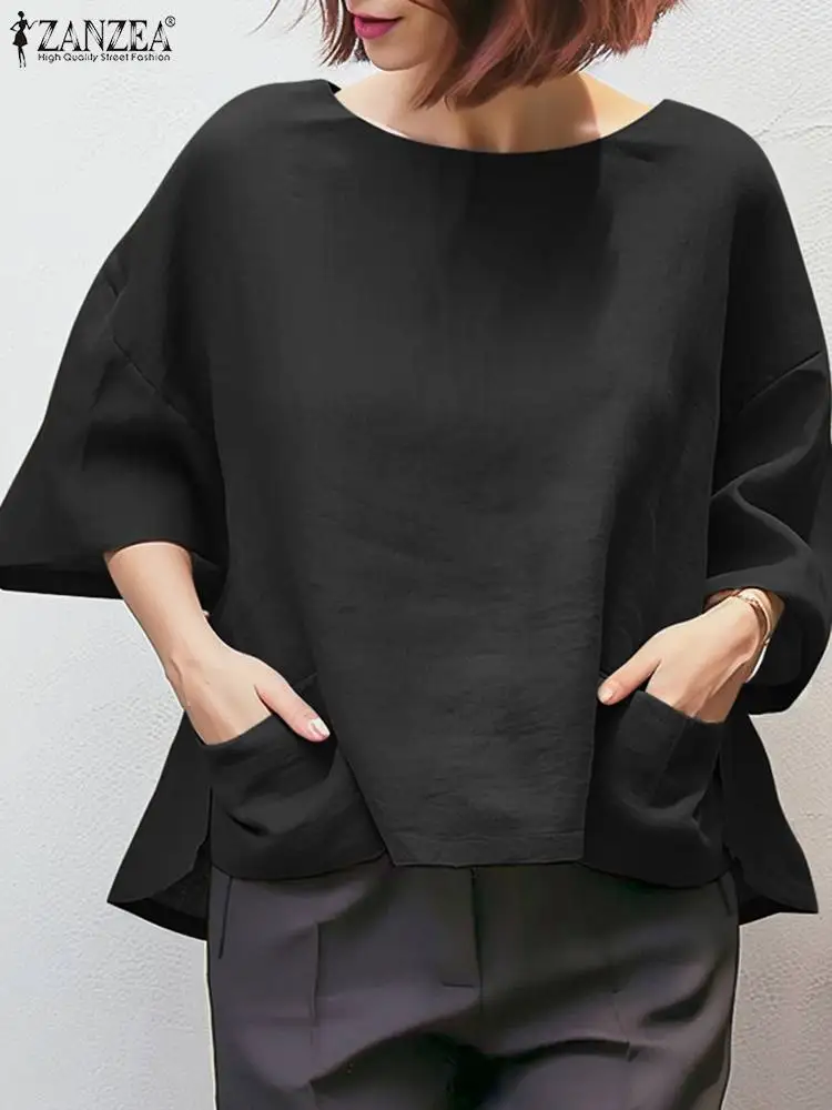 

Блузка ZANZEA женская оверсайз с круглым вырезом, рубашка с рукавом 2024, Корейский простой топ с карманами, Повседневная свободная туника, однотонная, лето 3/4