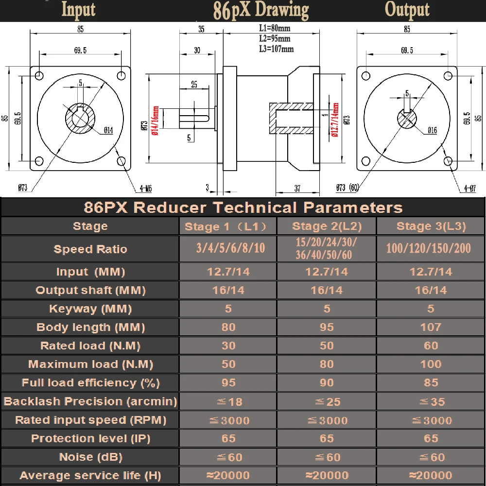 Nema 34 Planetary Gearbox Gear 86mm Speed Ratio 3:1,5:1,10:1~216 Input 1/2 Inch 12.7/14mm Nema34 Stepper Motor Reducer Step-down images - 6