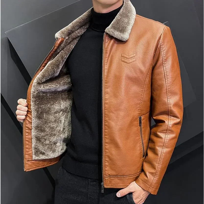 Winter Fashion Warmth Thickened Leather Jacket Lapel Solid Zipper Design  Bomber Coat Men's Leather Jacket