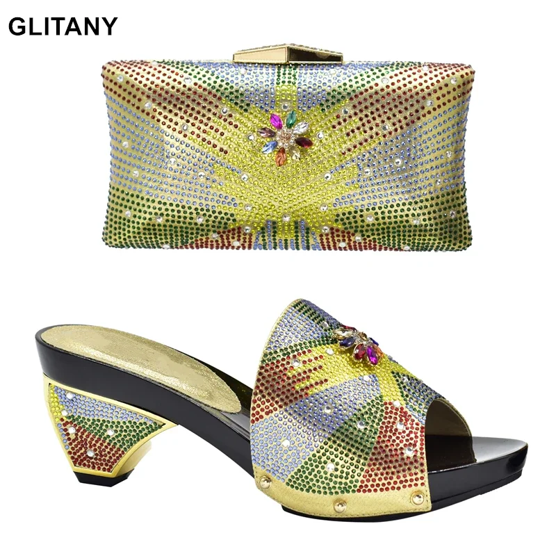 

New Arrival Italy Shoes and Bag Set Decorated with Rhinestone High Quality African Women Wedding Shoes and Bag Set Party Shoes