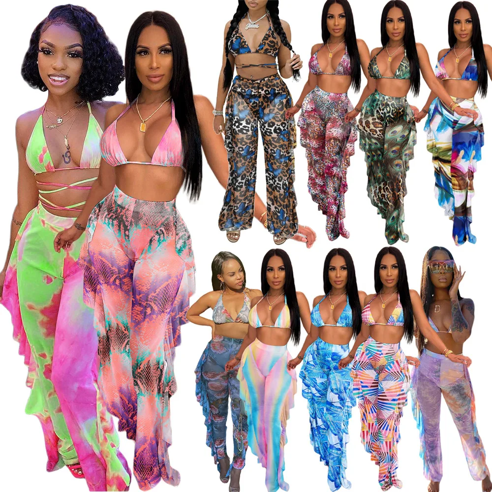 

Women Chiffon Bikini 3 Piece Set Butterfly Pants Suits Women's Clothing Summer 2022 Sexy Matching Sets Wholesale Items