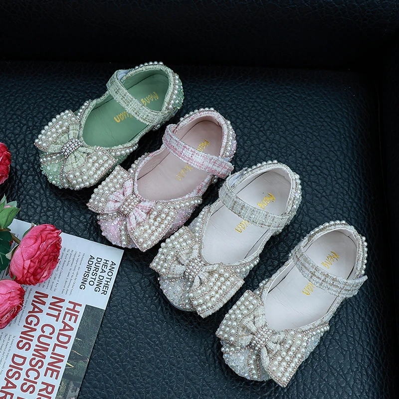 Elegant Girl's Princess Shoes Beading Bowknot Four Colors Children Mary Janes Sweet Party 21-37 Beautiful Fashion Kids Flat Shoe