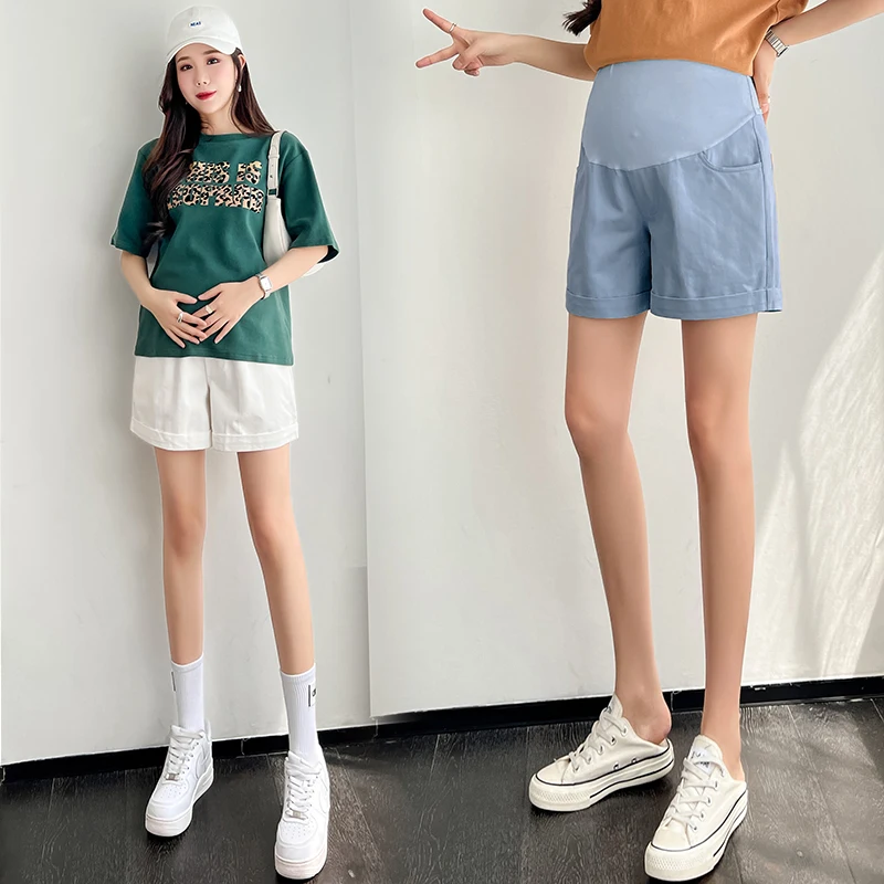 Summer Fashion Pregnant Women Shorts Thin Outer Wear Cotton's Abdomen Trousers Pockets Solid Color Maternity Wide Leg Pants maternity pants,pregnant shorts