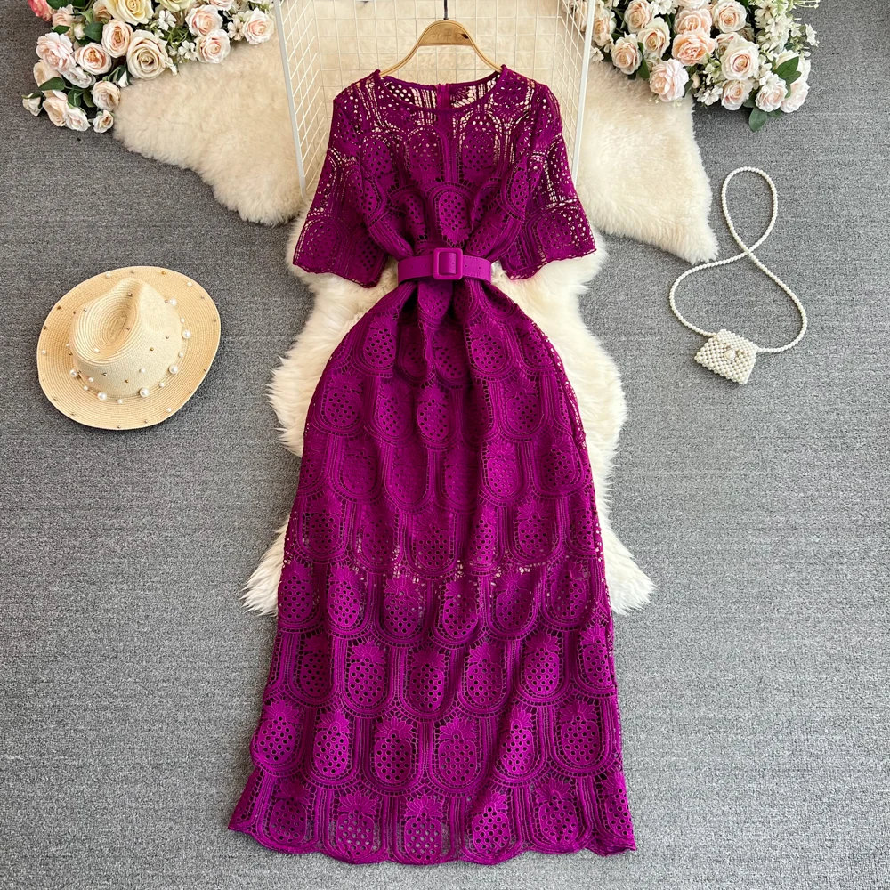 

Summer Women Vintage Purple/Red/White Hollow Lace Party Maxi Dress Female Elegant Round Neck Short Sleeve Slim Robe New Fashion