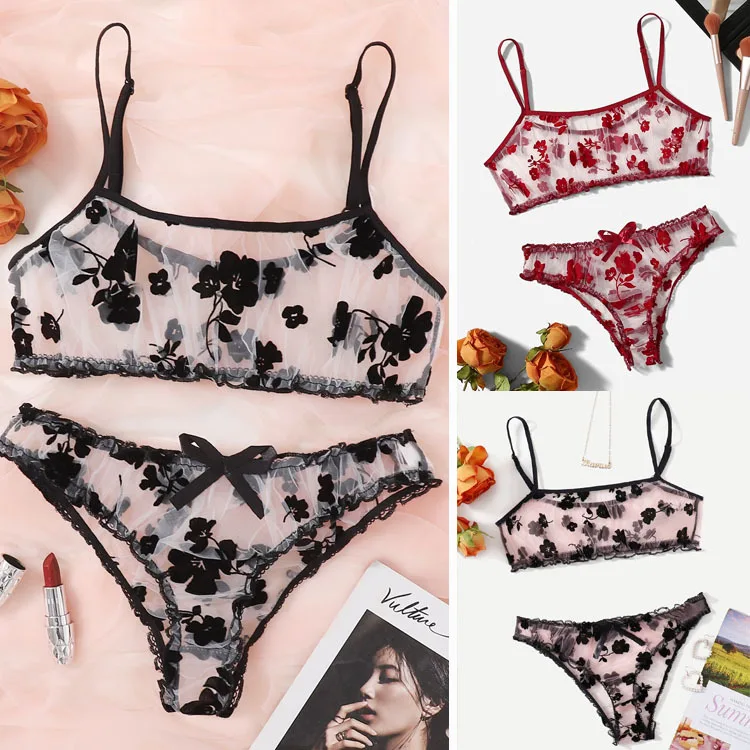 Perspecive Sexy Lingerie Se Floral Lace Mesh Seamless Bra Brief Ses Sensual Eroic Sex Cosume Sleepwear Underwear_voghion.com