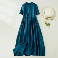 2024 Summer New Vintage Loose-Fit Cotton Linen Casual Dress Short Sleeves Waist-Fitted Long Dress For Women