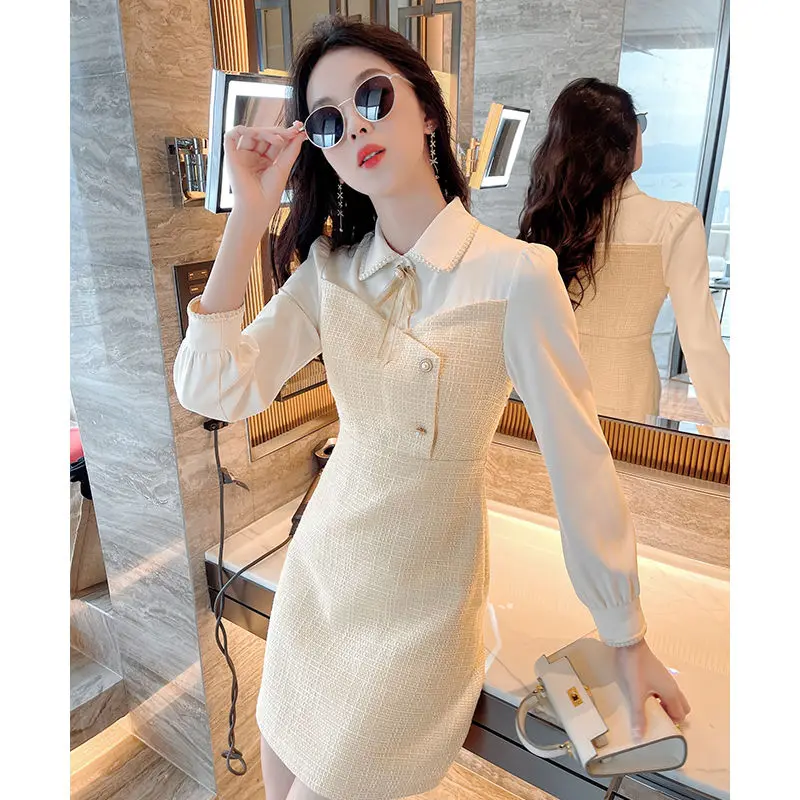 

Light Mature Style Dress for Women in Spring Autumn 2023 New Polo Collar Color Contrast Temperament Women's Fashion A-line Skirt