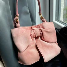 

Xiuya Sweet Hot Womens Shoulder Bag Pink Suede Big Bow Ladies Handbags 2022 New Elegant Cute Small Tote Lolita Bag Female Pouch