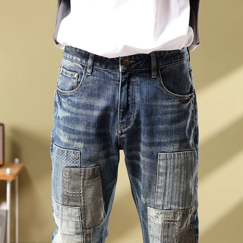 High quality jeans men's patchwork slim fitting small straight leg pants embroidered pants mens cargo jeans clothing