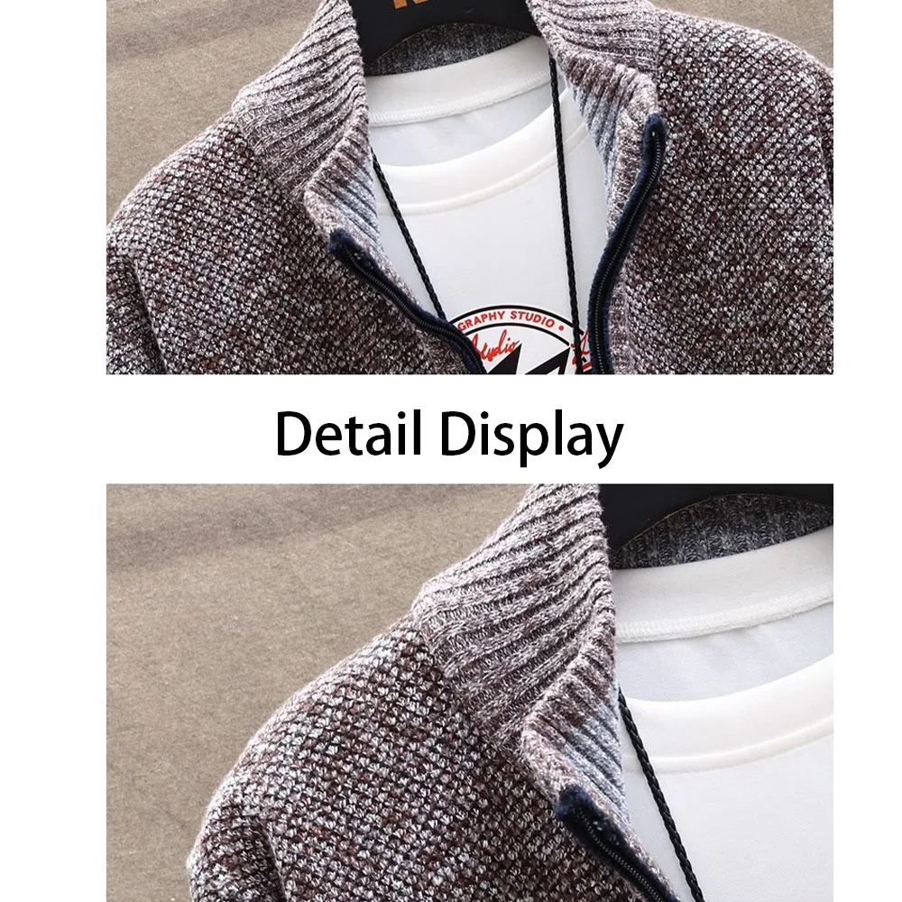 Knitted Cardigan Solid Color Sweater Men Zipper Autumn New Long-sleeved Jacket Warm Fleece Cardigans Jacket 4