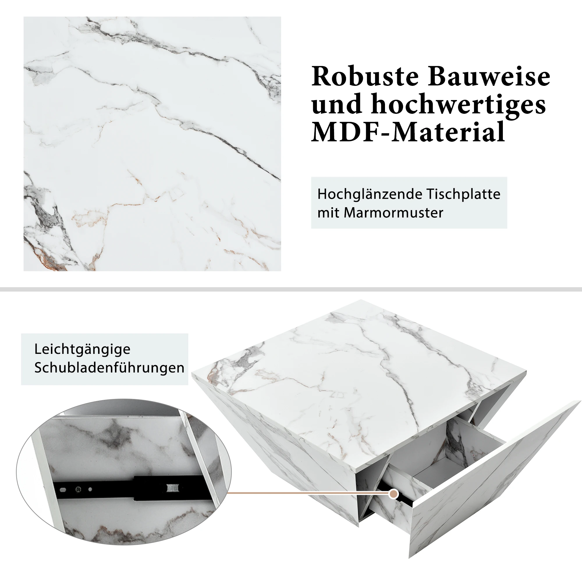 KOMHTOM Moderner Trommel-Couchtisch 70x70x37cm, Trapezförmig Weißer Marmorfurnier, Stylischer Wohnzimmertisch – Detail 3