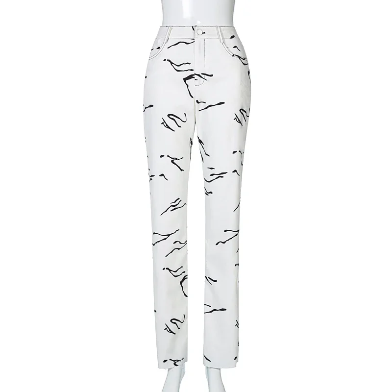 2024 Irregular Stripe Printed Pocket Botton Zipper Printed Temperament Thin Overalls Summer Women's Fashion Streetwear Pants