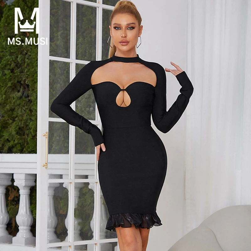 

MSMUSI 2022 New Fashion Women Sexy Black Halter Square Neck Hollow Out Long Sleeve Bandage Party Club Bodycon Event Mini Dress