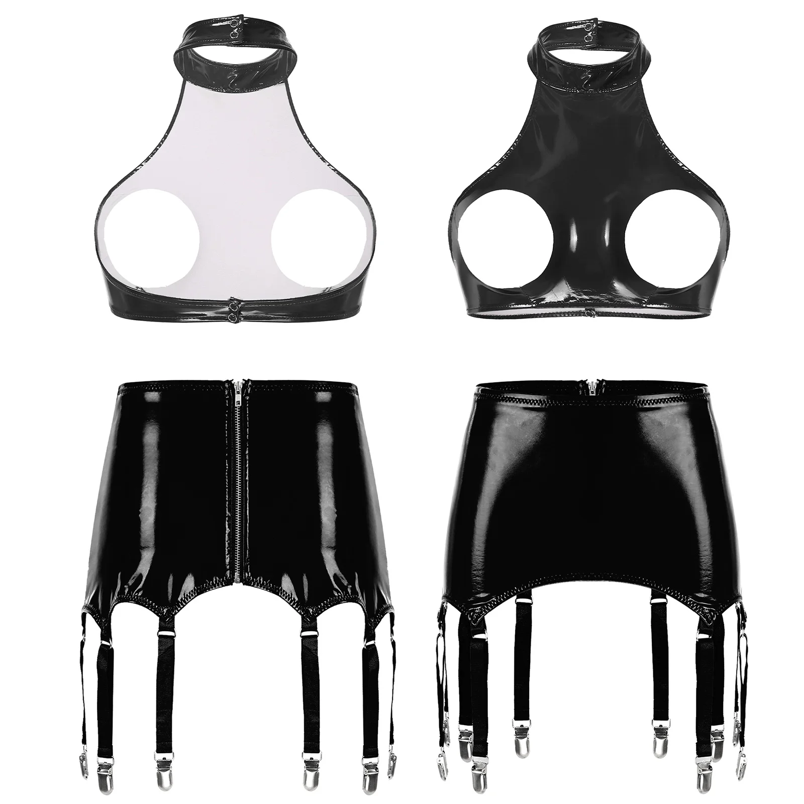 thumbnail image 1 of Conjunto de lencería Sexy de charol con aspecto mojado para mujer, cuello Halter, espalda descubierta, busto abierto, copas abiertas, sujetador, Tops con ligas con cremallera, ropa para discoteca, 1 of 5