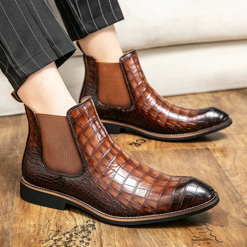 Fashion Crocodile Pattern Elegant Men Chelsea Boots Italian Men Boots British Semi-formal Party Gentleman Shoes