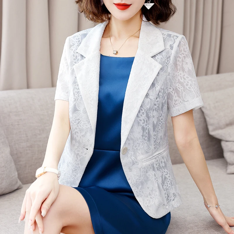 Women Summer Thin Small Blazer Short Sleeve Lace Blazers Jackets Coat